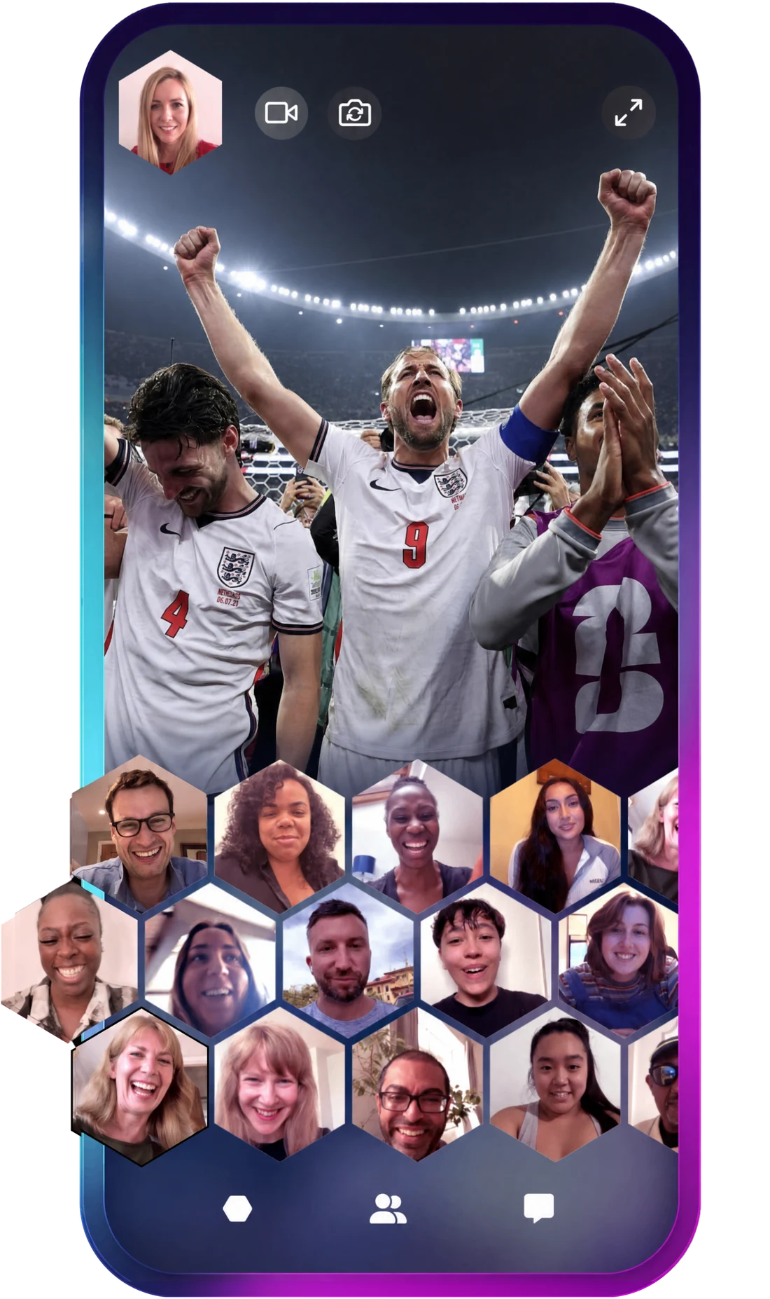 The CrowdSurf experience showing live sport surrounded by fans on screen