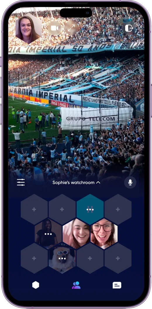 A private watchroom of friends inside a live broadcast
